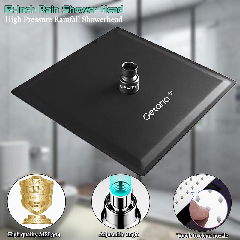 Getaria Rain Shower Head, 12 Inch Square Fixed Rainfall Shower Head Large Waterfall 304 Stainless Steel High Pressure Rain Shower Head with 144 Silicone Jets - Image 2