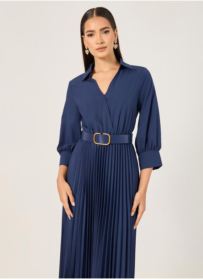 Styli Plain 3/4th Sleeves Belted A-Line Midi Dress  - Image 3