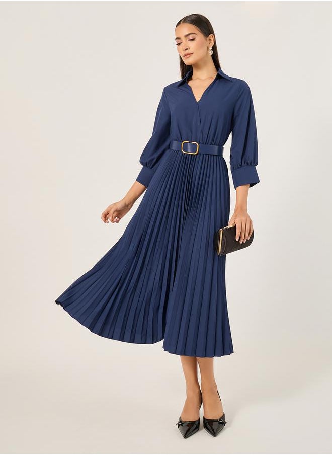 Styli Plain 3/4th Sleeves Belted A-Line Midi Dress  - Image 2