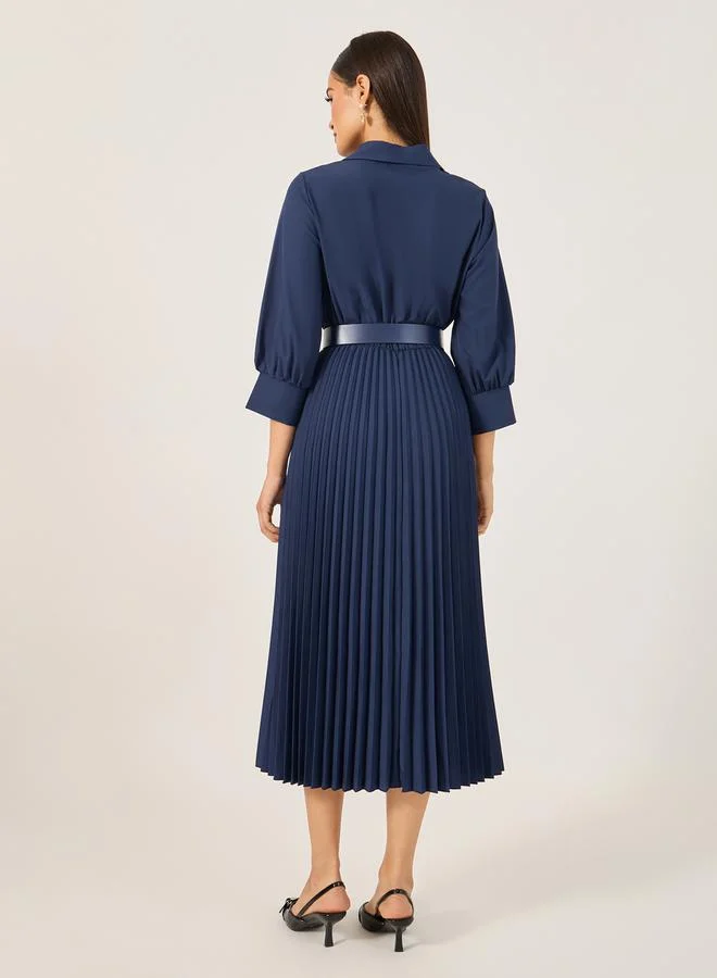Styli Plain 3/4th Sleeves Belted A-Line Midi Dress