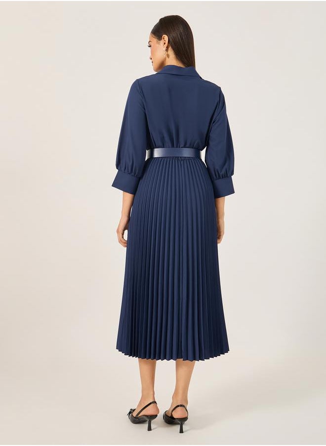 Styli Plain 3/4th Sleeves Belted A-Line Midi Dress  - Image 5