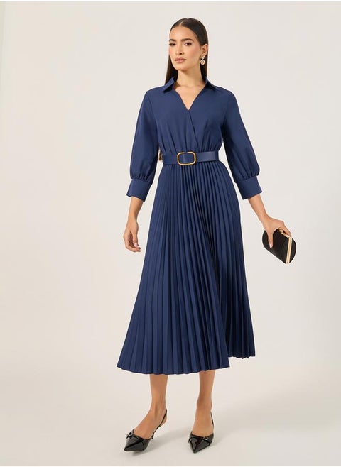 Plain 3/4th Sleeves Belted A-Line Midi Dress