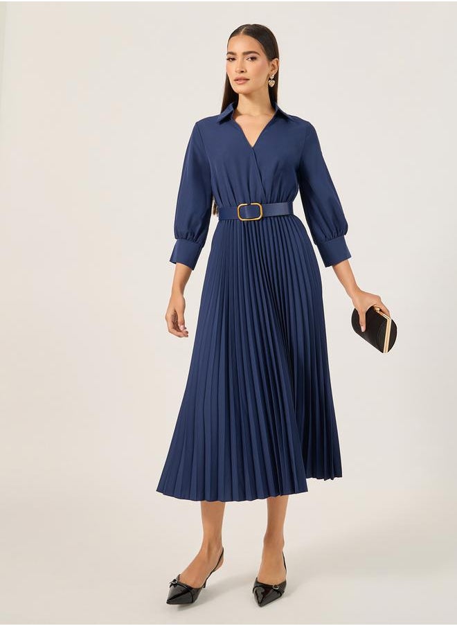 Styli Plain 3/4th Sleeves Belted A-Line Midi Dress  - Image 1