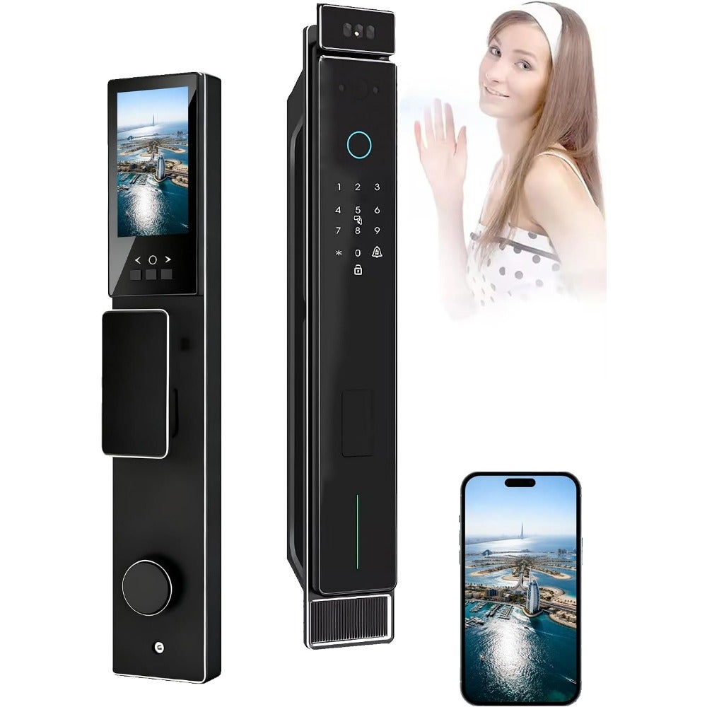 Smart Lock with Camera and Video Doorbell, AI Palm Vein/Face ID Fingerprint Keyless Entry Door Lock for Front Door Bulit in Wi-Fi, Tuya App Control Y50