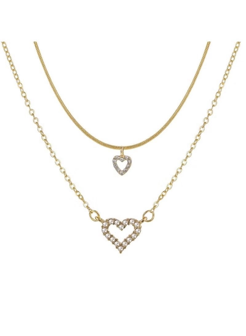 Huitich Double-Layer Crystal Heart Pendant Necklace – Gold Tone - Image 1