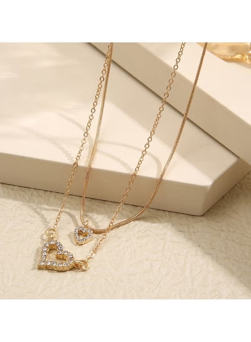 Huitich Double-Layer Crystal Heart Pendant Necklace – Gold Tone - Image 3