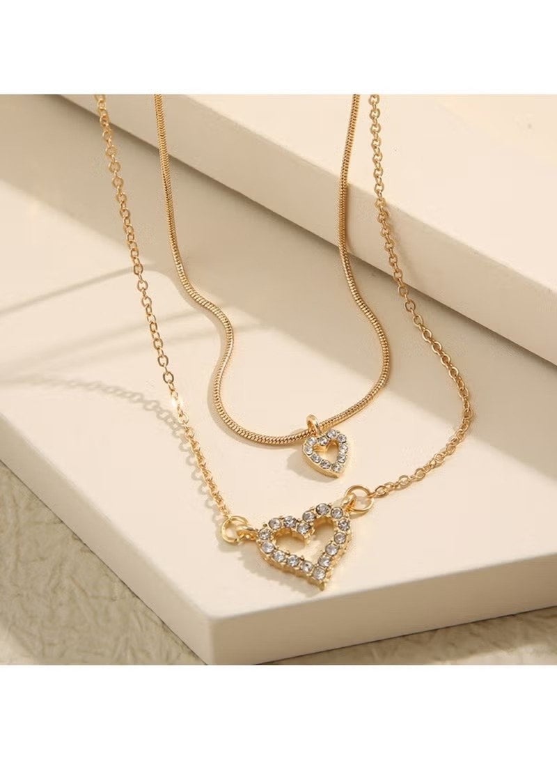 Huitich Double-Layer Crystal Heart Pendant Necklace – Gold Tone - Image 4