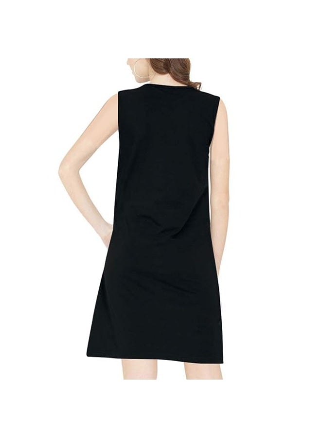 OPLU Store Women's Dress Awesome Floral Cotton Graphic Printed Round Neck Sleeveless Black - Image 2