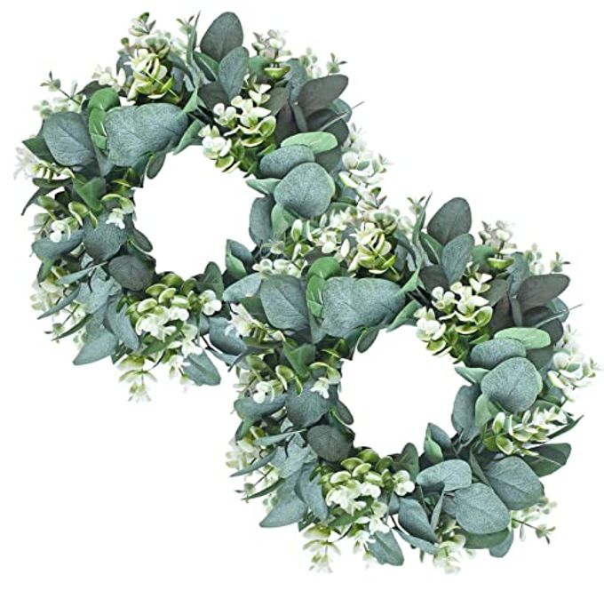 2PC ARTIFICIAL EUCALYPTUS WREATH FABRIC EUCALYPTUS LEAVE WREATH ROUND GREEN WREATH FOR FARMHOUSE WALL WINDOW DECOR