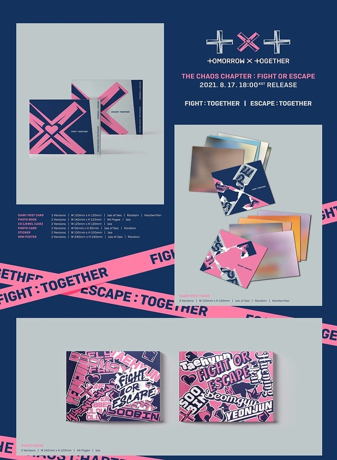 BIGHIT TXT - Chaos Chapter : Fight OR Escape (Together : Fight + Escape Full Set Ver) 2Album+Pre Order Limited Folded Poster+BolsVos K-POP Webzine (20p), Decorative Stickers, Photocards - Image 3