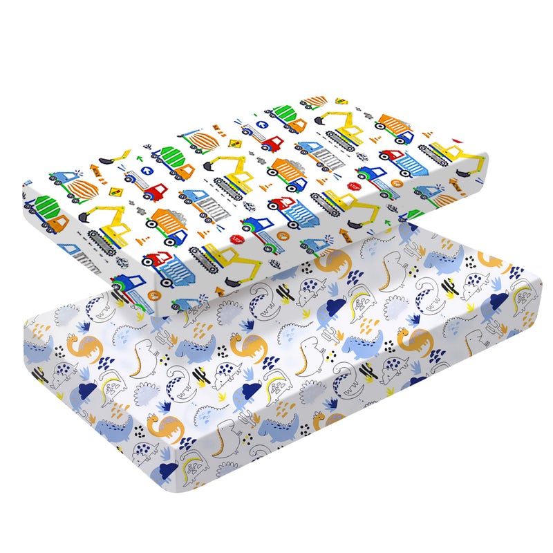 Baby Amabc 2 Pack Cot Bed Fitted Sheets 140 x 70cm for Girl Boys | Bedding For Cot bed | Easy Care Soft Cotton and Dureable, Unique Car & Dinosaur Pattern Crib Sheets - Image 1