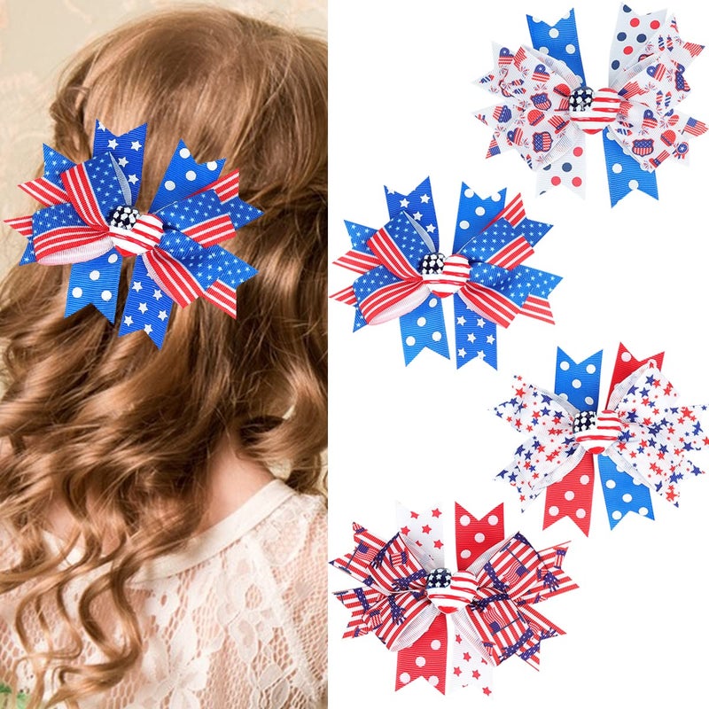 Doneace White Blue Red Hair Clips 4th of July Bows Clips Grosgrain Hair Barrettes Independence Day Headwear Girls Kids Boutique Hairpin Stars Hair Accessories Alligator Clips Supplies Party Decorations 4PCS