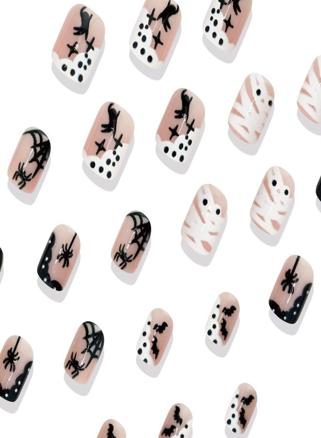 BYJKYEN 24Pcs Halloween Press on Nails Spider Fake Nails with Black Spiders Spider Web Bat Ghost False Nails Nude Pink Acrylic Nail Full Cover French Tip Nails Fall Holiday Nail Decoration Kit for Women - Image 4