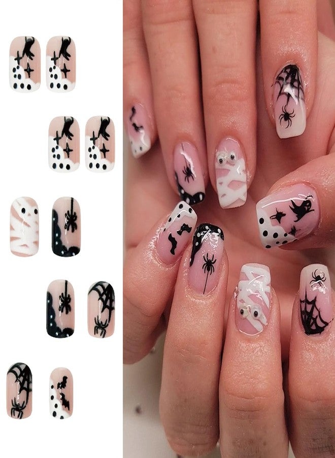 BYJKYEN 24Pcs Halloween Press on Nails Spider Fake Nails with Black Spiders Spider Web Bat Ghost False Nails Nude Pink Acrylic Nail Full Cover French Tip Nails Fall Holiday Nail Decoration Kit for Women - Image 2