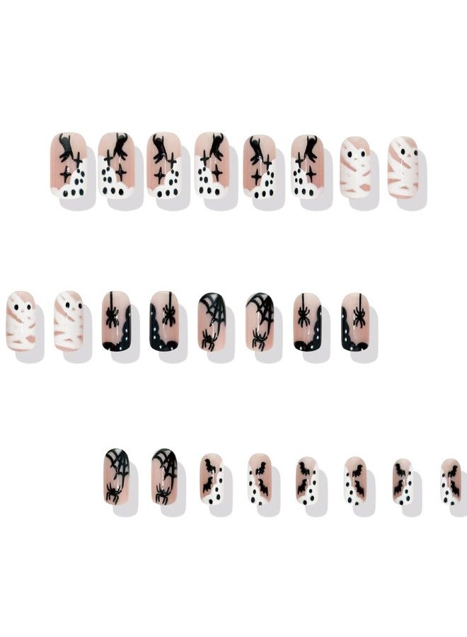 BYJKYEN 24Pcs Halloween Press on Nails Spider Fake Nails with Black Spiders Spider Web Bat Ghost False Nails Nude Pink Acrylic Nail Full Cover French Tip Nails Fall Holiday Nail Decoration Kit for Women - Image 3