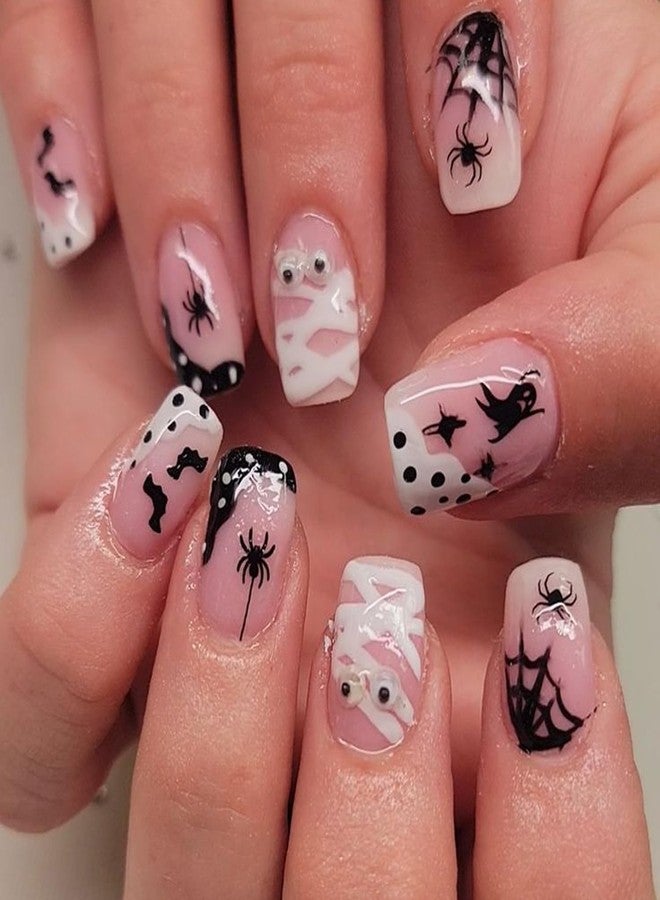 BYJKYEN 24Pcs Halloween Press on Nails Spider Fake Nails with Black Spiders Spider Web Bat Ghost False Nails Nude Pink Acrylic Nail Full Cover French Tip Nails Fall Holiday Nail Decoration Kit for Women - Image 1