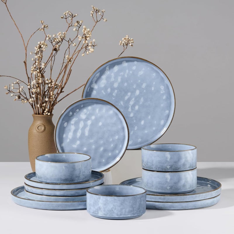 HaWare Dinnerware Sets 12Piece Plates and Bowls Set Stoneware Dish Set for 4 Ceramic Dinnerware for Home Restaurant Chip and Scratch Resistant Microwave and Dishwasher Safe Reactive Blue - Image 1