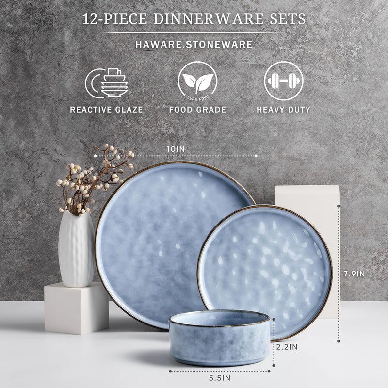 HaWare Dinnerware Sets 12Piece Plates and Bowls Set Stoneware Dish Set for 4 Ceramic Dinnerware for Home Restaurant Chip and Scratch Resistant Microwave and Dishwasher Safe Reactive Blue - Image 2