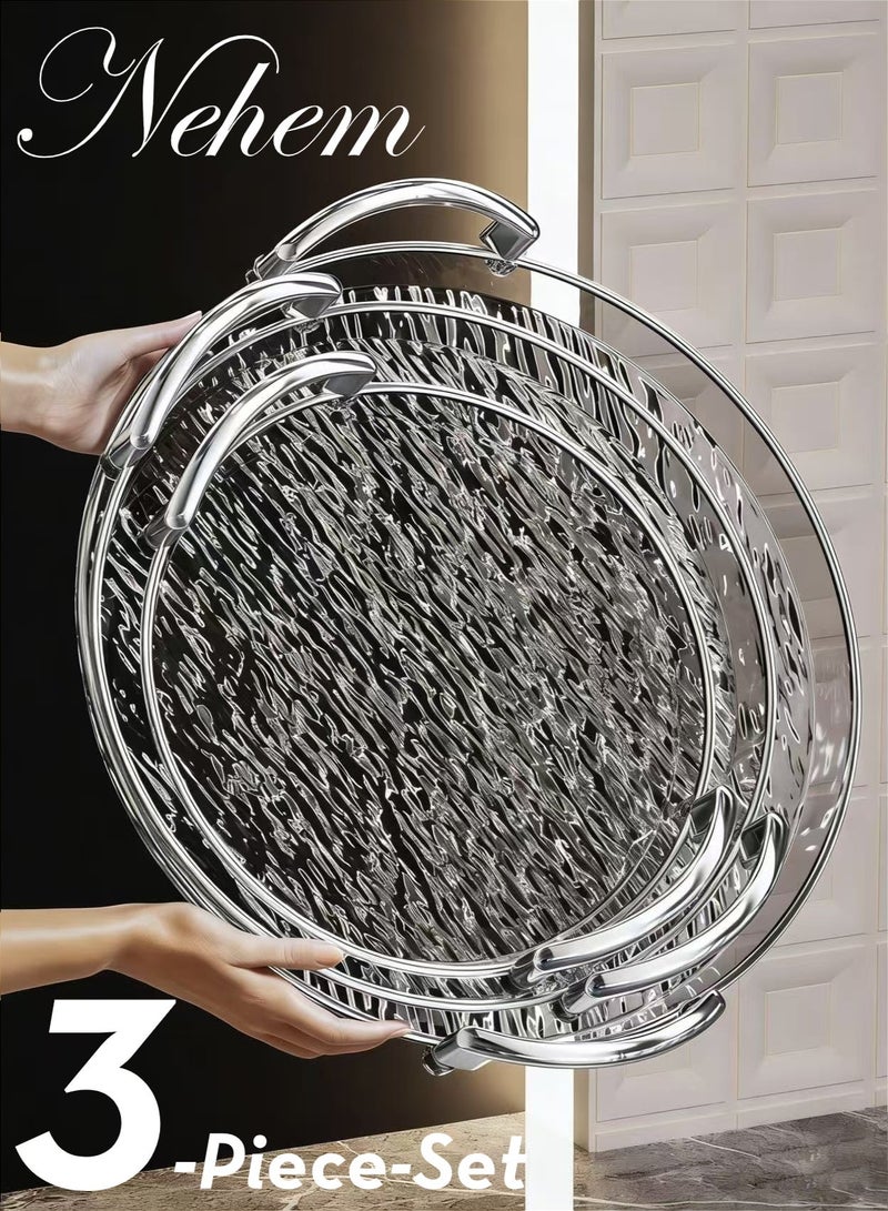 nehem 3 PCS Clear Serving Tray, With Polished Metal Handles, Serving Plate, Wavy Pattern Clear Tray, Spill-Proof Tray, Decorative Serving Tray for Coffee Table, Tea, Storage - Image 1