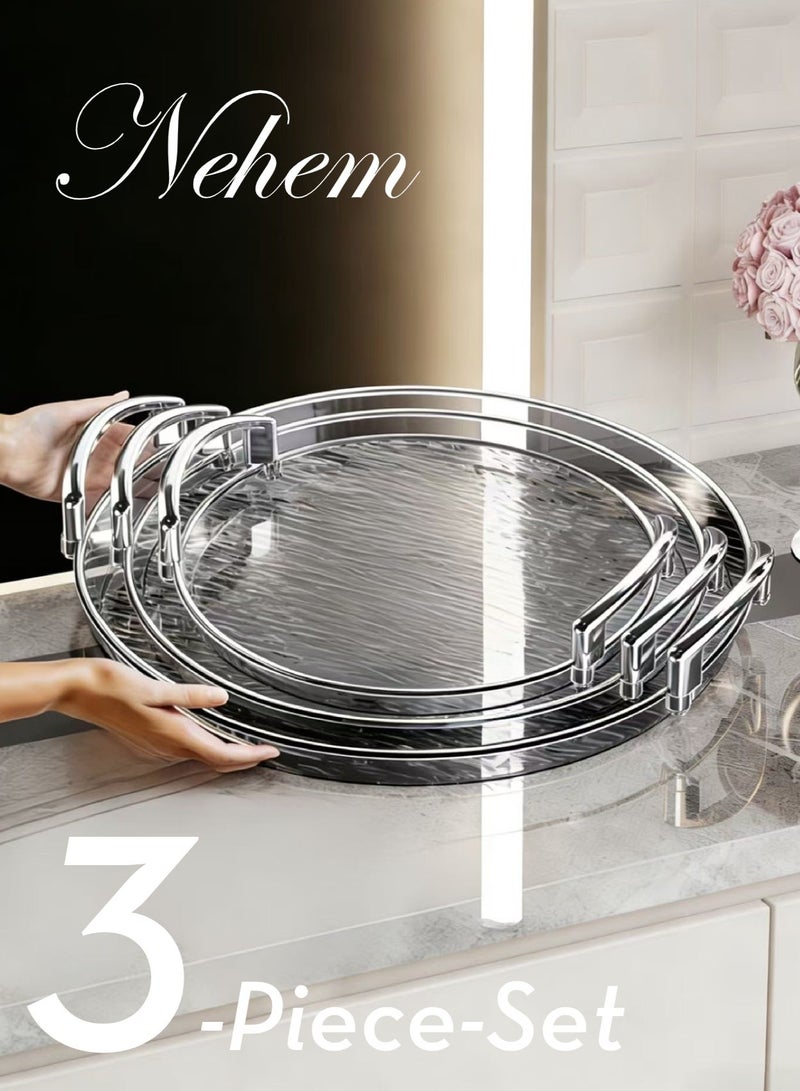 نيم صحون تقديم 3 قطعة صينية تموج فاخرة للضيافة - صينية تقديم كبيرة متعددة الاستخدام مع ومقابض معدنية | هدايا للضيافة المنزلية وحفلات القهوة والمكسرات والفواكه - Image 1