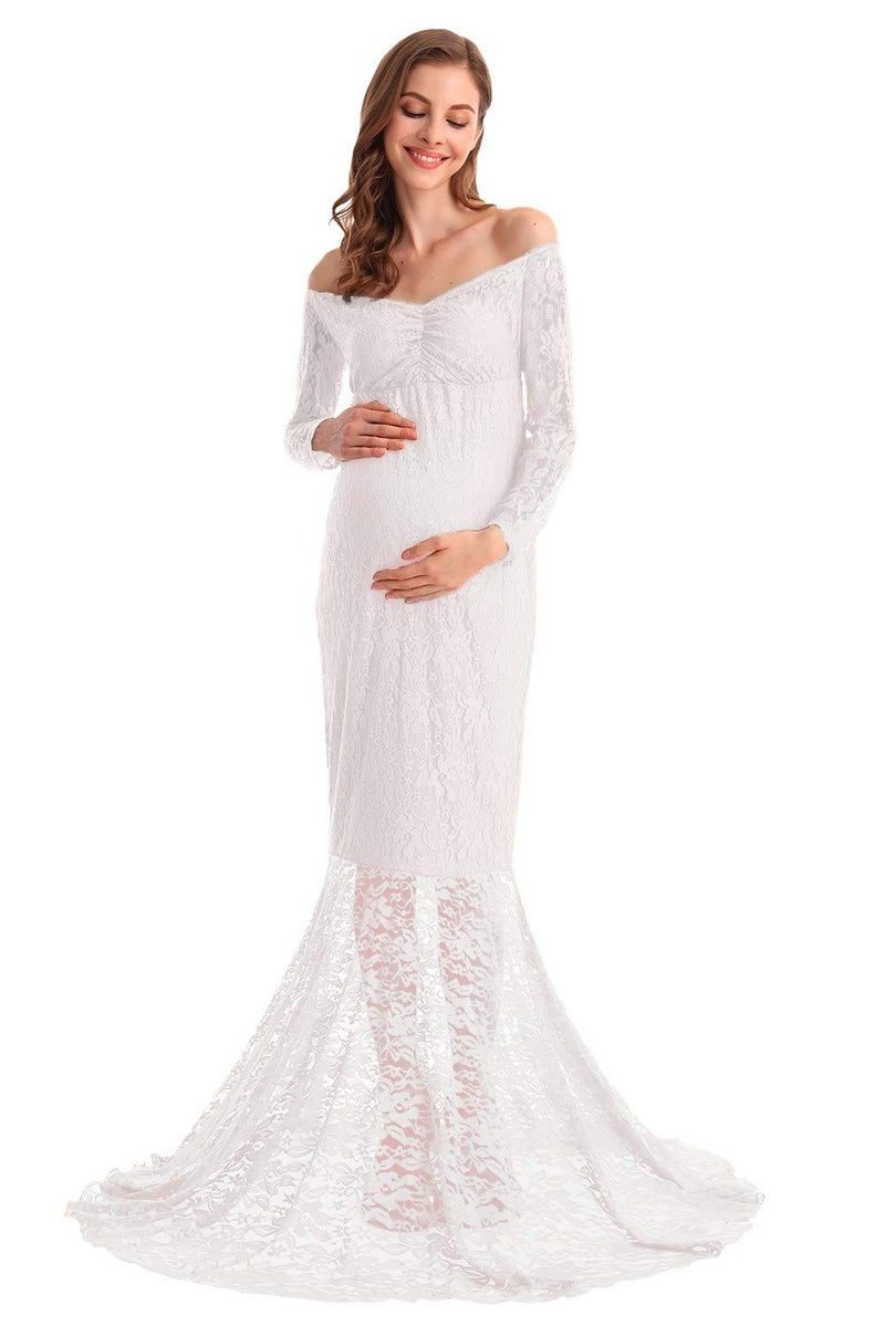 HIHCBF Women Mermaid Maternity Lace Dress V Neck Off Shoulder Slim Fit Bridesmaid Wedding Baby Shower Photo Shoot Gown White S - Image 1