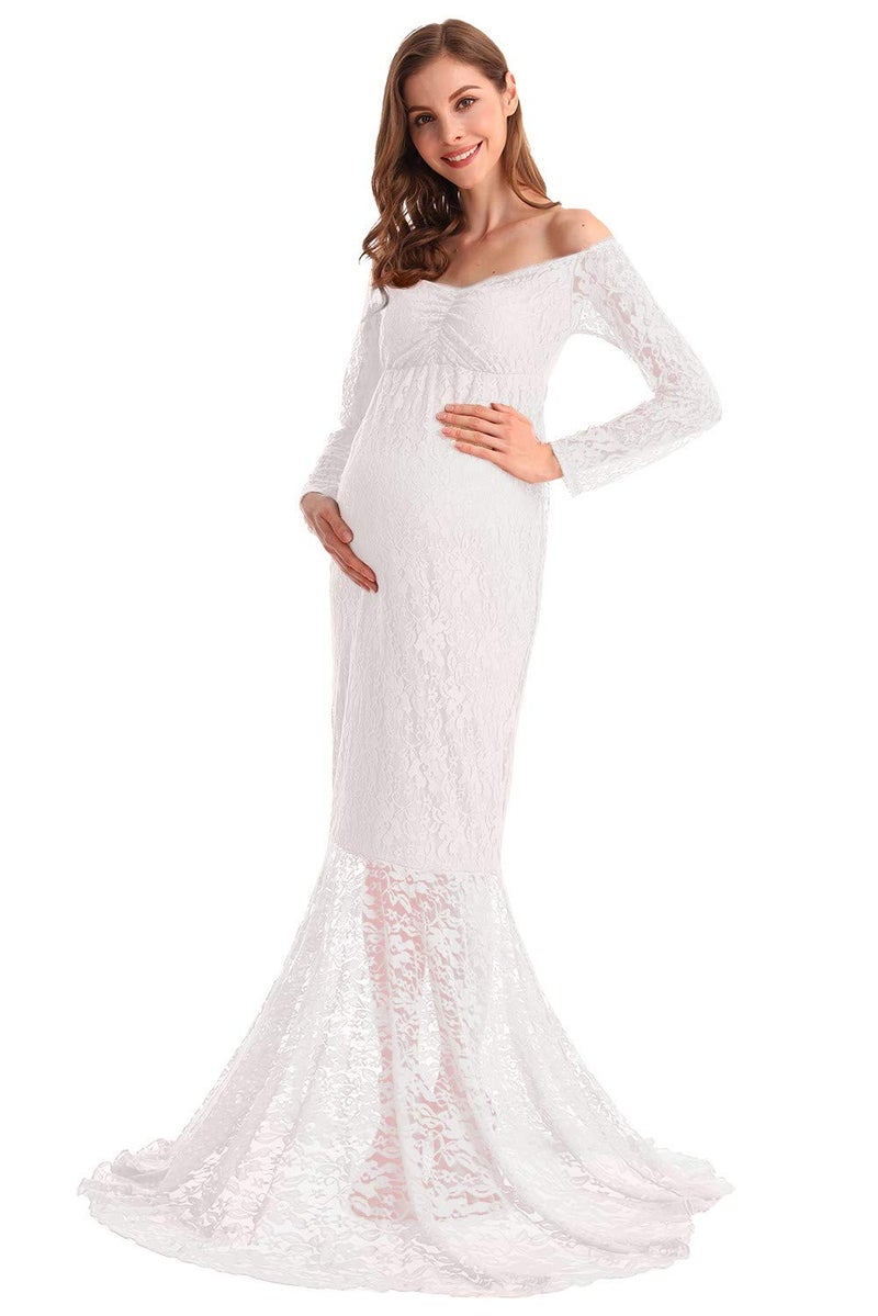 HIHCBF Women Mermaid Maternity Lace Dress V Neck Off Shoulder Slim Fit Bridesmaid Wedding Baby Shower Photo Shoot Gown White S - Image 3