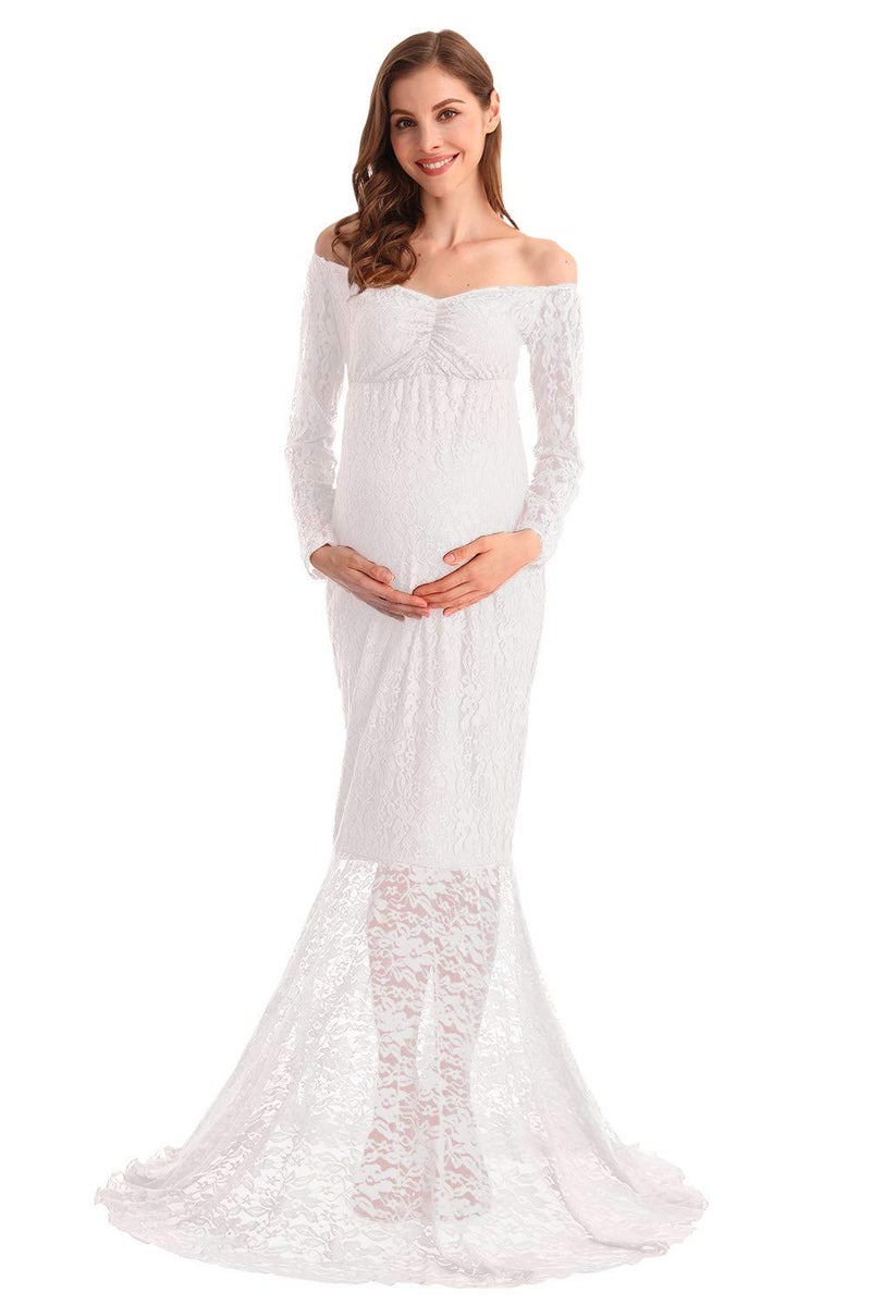 HIHCBF Women Mermaid Maternity Lace Dress V Neck Off Shoulder Slim Fit Bridesmaid Wedding Baby Shower Photo Shoot Gown White S - Image 2
