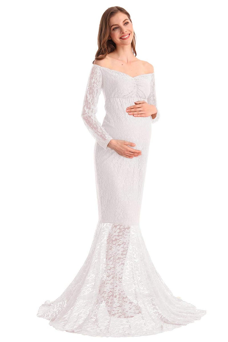 HIHCBF Women Mermaid Maternity Lace Dress V Neck Off Shoulder Slim Fit Bridesmaid Wedding Baby Shower Photo Shoot Gown White S - Image 5