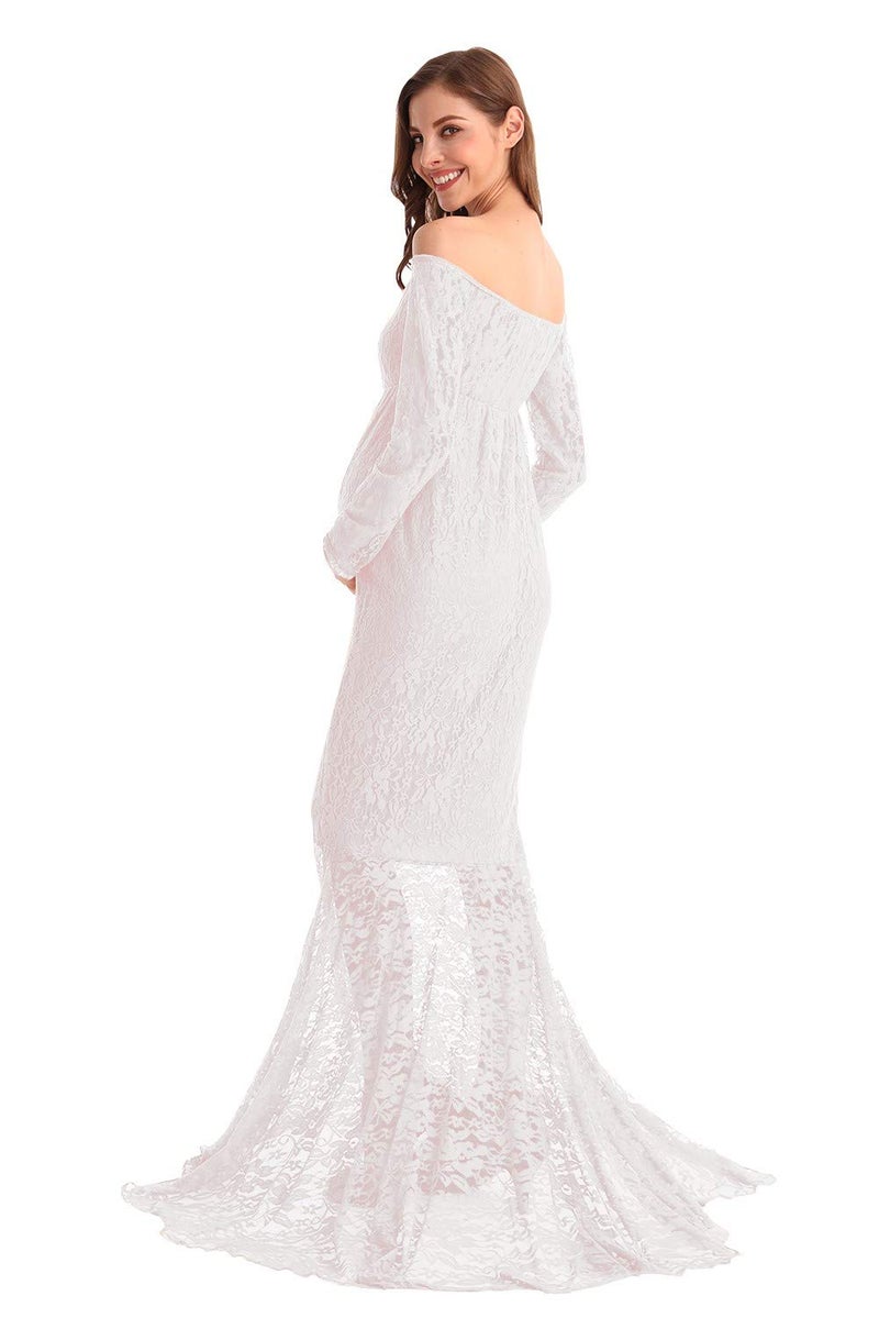 HIHCBF Women Mermaid Maternity Lace Dress V Neck Off Shoulder Slim Fit Bridesmaid Wedding Baby Shower Photo Shoot Gown White S - Image 4