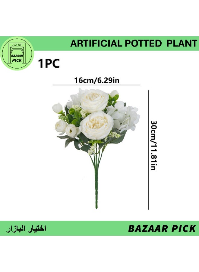 Artificial Flowers - Elegant White Peony Bouquet, Realistic Small Faux Silk Flowers for Vase Decor, Office Desktop & Living Room Ornament - Image 1