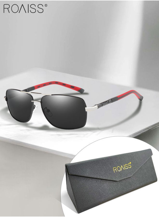 roaiss - Men's Polarized Rectangular Sunglasses UV400 Protection Sun Glasses with Metal Frame Fashion Anti-Glare Sunglasses for Men Driving Fishing Traveling Black Silver 65mm - Image 1