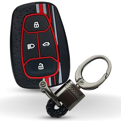 KEYCEPT Tristar Silicone Key Cover Compatible with Tata Nexon | Harrier | Altroz | Tigor | Safari | Punch |Tiago| EV 4 Button Smart Key with Keychain. (Type 4, Black) - Image 1