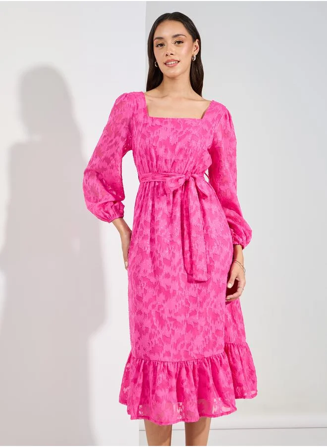Styli Square Neck Burnout Textured Midi Dress