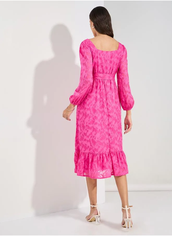 Styli Square Neck Burnout Textured Midi Dress
