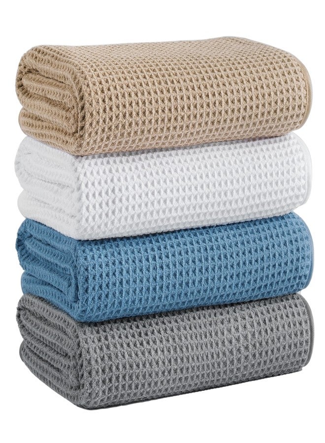 MICROFI Microfiber Waffle Bath Towels, 4 Pieces, Soft, Absorbent, Fast Drying, Lint Free (Beige+Gray+Blue+White) - Image 1