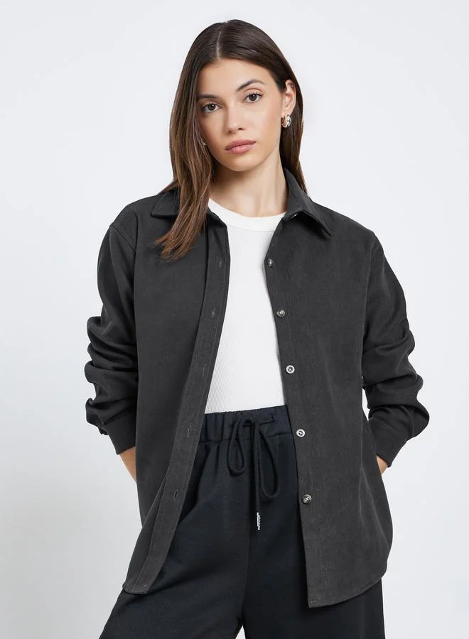 Styli Styli Black Oversized Corduroy Shirt