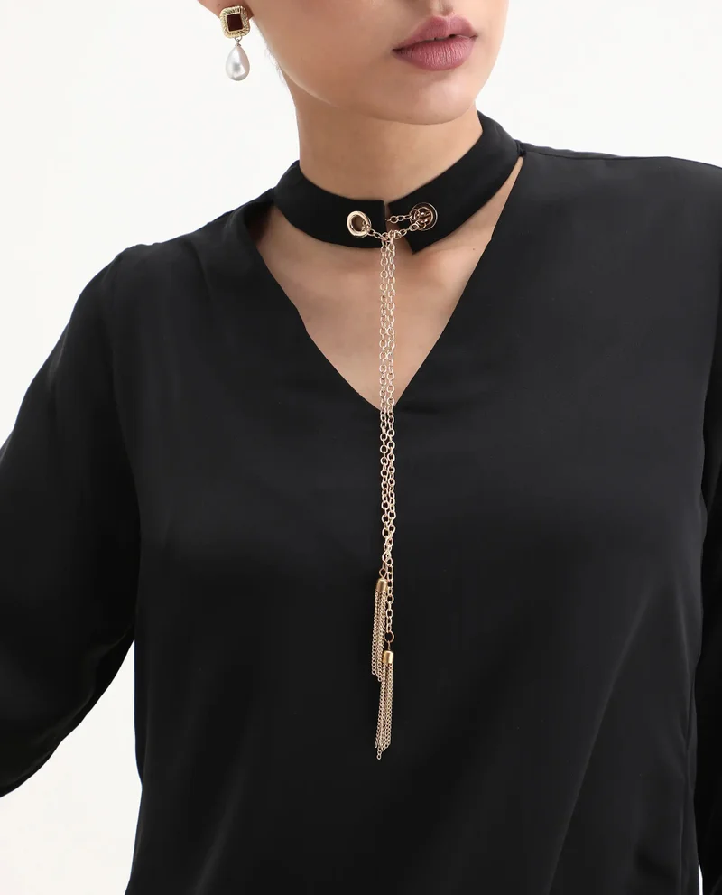 Rareism Women's Cuffed Sleeve V-Neck Plain Top