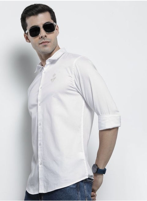 Men Regular Fit Placement Embroidered Full Sleeves Spread Collar Casual Shirt