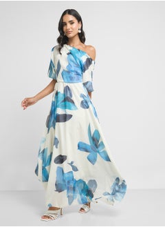 Ginger Assymetric Shoulder Floral Print Draped Dress  - Image 1