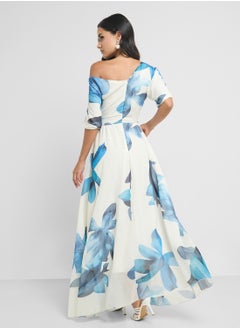 Ginger Assymetric Shoulder Floral Print Draped Dress  - Image 2