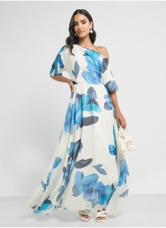 Ginger Assymetric Shoulder Floral Print Draped Dress  - Image 4