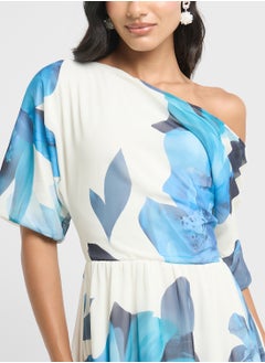 Ginger Assymetric Shoulder Floral Print Draped Dress  - Image 3