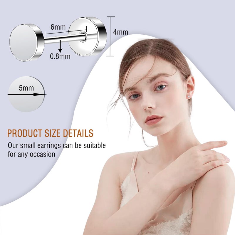 ZDE Women Earrings Flat Back Dot Earrings Titanium Hypoallergenic Cartilage Non-Nickel Earrings Studs for Sensitive Ears Simple Classic Screw On Stud Earring (Silver, 5MM) - Image 4
