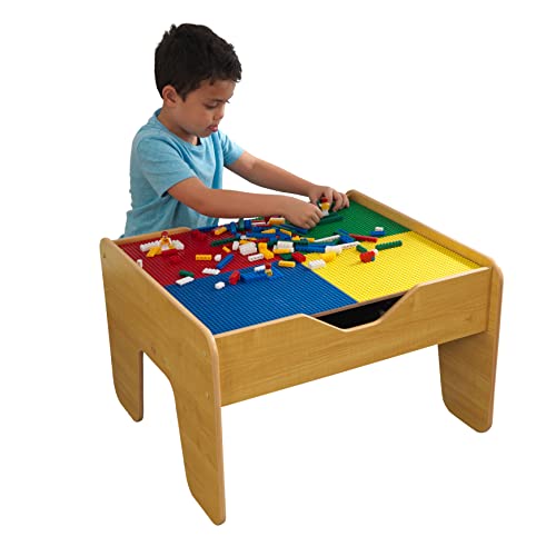 KidKraft 2-in-1 Reversible Top Activity Table with 200 Building Bricks and 30-Piece Wooden Train Set, Natural, Gift for Ages 3+ - Image 1