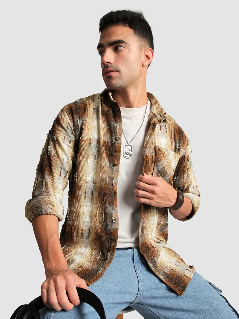 Beyoung Brown Frayed Check Shirt