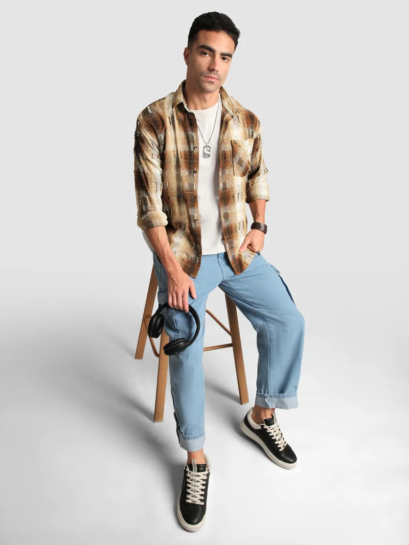 Beyoung Brown Frayed Check Shirt