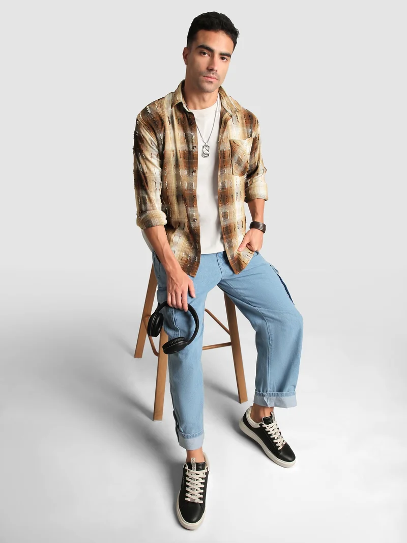 Beyoung Brown Frayed Check Shirt