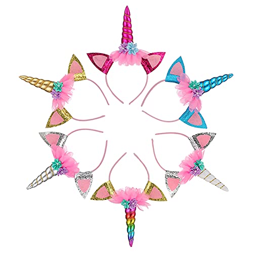 SUNOVELTIES 6 PACK Unicorn Horn Headband Ears Photo Props Birthday Outfit Cosplay Costume Party Supplies for Teens and Adults Gift (6 Multicolor) - Image 1