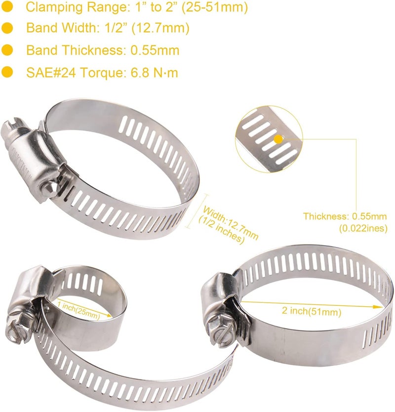 WIN-LONG 1 1/2'' Stainless Steel Hose Clamps, 15PK SAE 24 Worm Gear 1.5'' Hose Clamps Adjustable 1 inch-2 Inch (25-51mm) for Automotive Plumbing, 1 1/2’’, 1 3/4'', 1 1/4’’ - Image 2