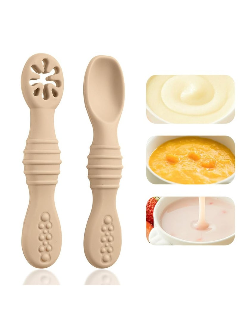 CMGTYYD - Baby Spoons Set,2 Pcs Toddler Food-Grade Silicone Training Spoons,Self-Feeding Spoon and Pre-Spoon Set,BPA-Free Safe Feeding Spoons,Baby Led Weaning Feeding Utensils Supplies-Brown - Image 1